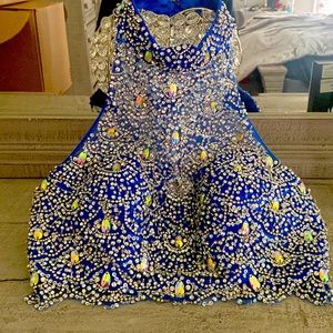 Blue & Silver Satin and Sequence Prom Dress with a tale. Size 6.